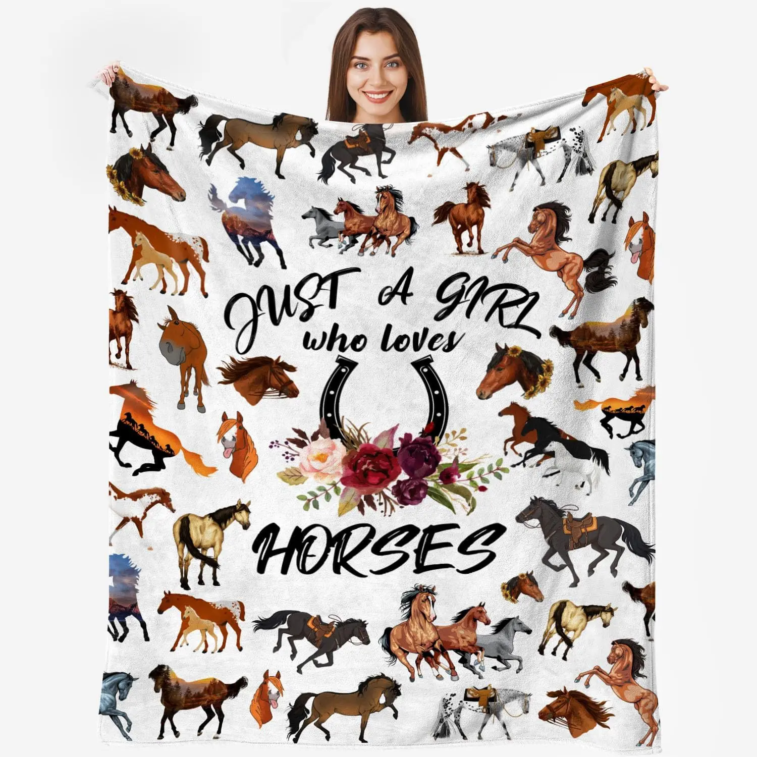 Horse Blanket,Horse Gifts for Girls Women, Just A Girl Who Loves Horses Blanket, Horse Lovers Birthday Gifts Decor Throw Blanket 80" x 60", Printed on One Side with a Plain White Back, Halloween Thanksgiving Christmas Gift