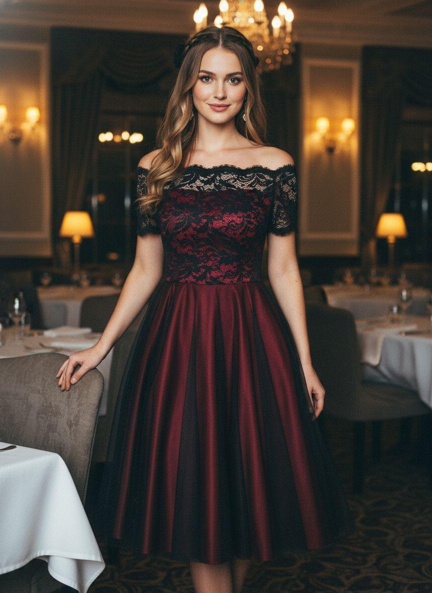 1950S OFF SHOULDER LACE SWING DRESS Formal Womenswear