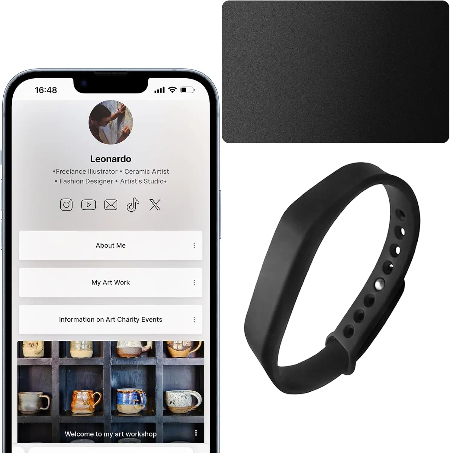 Metal Digital Business Card & Wristband - Double-Sided, NFC Shielding, Tap-to-Instant Share - Compatible with iPhone/Android - Ideal for Art Creators - Black