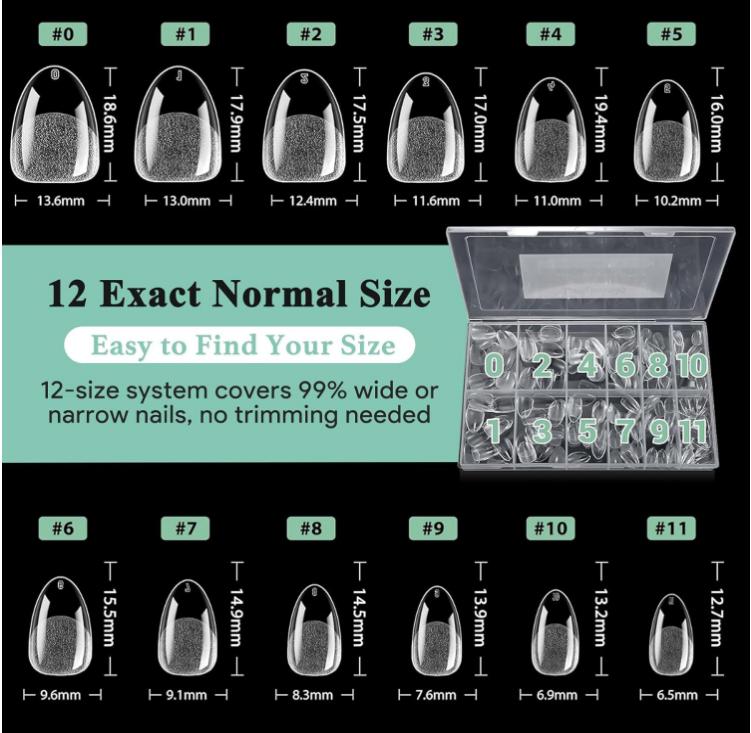 Extra Short Almond Nail Tips - 216pcs Soft Gel Full Cover Fake Nails, 70-Grit Pre-Sanded Matte Clear Press on Nails for Extension, DIY Home Manicure with 12 Sizes