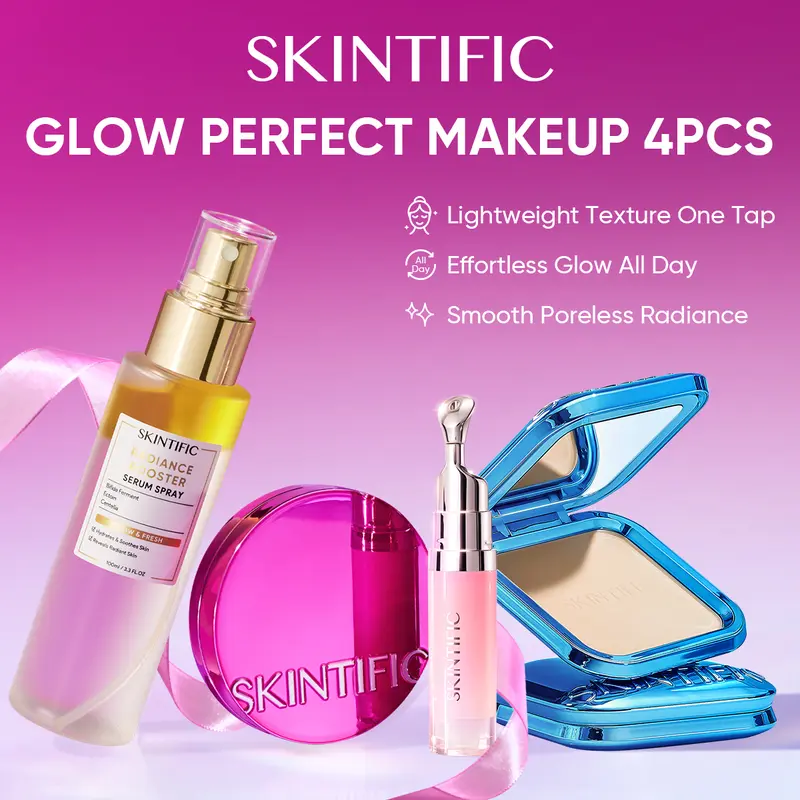 GLOW PERFECT MAKEUP 4PCS – Glow Cushion Powder Foundation Radiance Serum Spray & Clear Peptide Lip Serum | Longwear Hydrating Flawless Finish