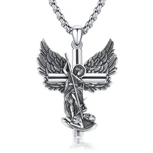 S925 Sterling Silver Archangel Michael Cross Pendant Necklace Unisex Religious Gift Essential