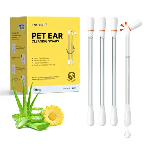 Pawfirst Pet Ear Cleaning Swabs - 100-Pack Individually Wrapped, Drywip Finish, Aloe + Chamomile Calm Formula, Witch Hazel, Break-to-Release Liquid, Alcohol-Free, Dry/Wet Dual-Use Cleansing Tool for Sensitive Ears, Odor Control for Dogs & Cats