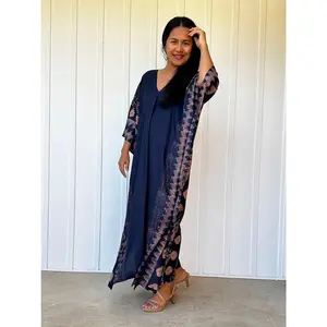 Luna Hand Screen Printed Kaftan in Navy