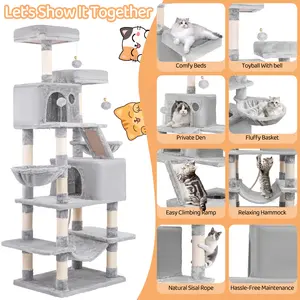 Cat Tree, 67-Inch Tall Tower for Indoor Cats with 2 Perches, 2Big Condos, 2 Hammocks, Basket, Scratching Pad, Large CatFurniture and Condo, Light Gray