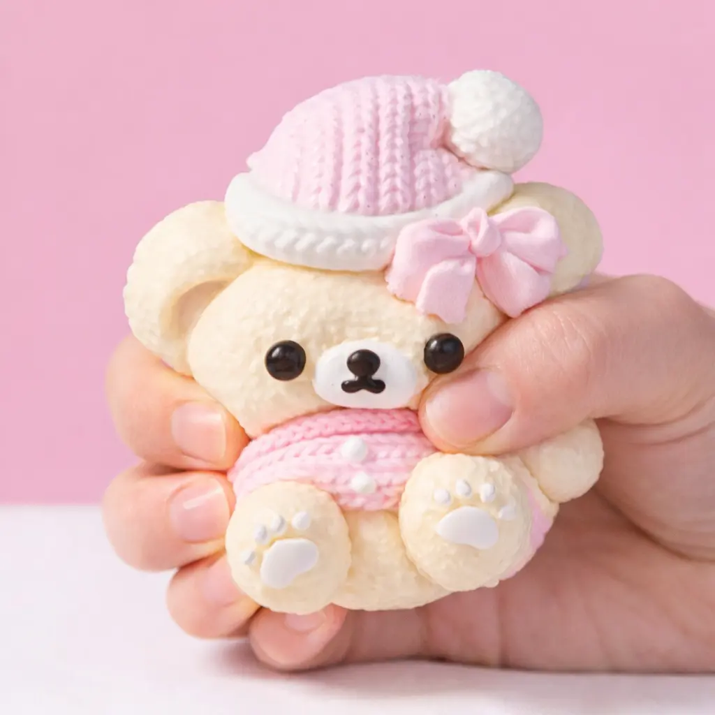 SqueezeSquad Taba Deluxe Premium Silicone Squishy Fidget Toy Pink Hatted Bear Stress Relief Collectible Fun 10cm x 8cm x 4cm
