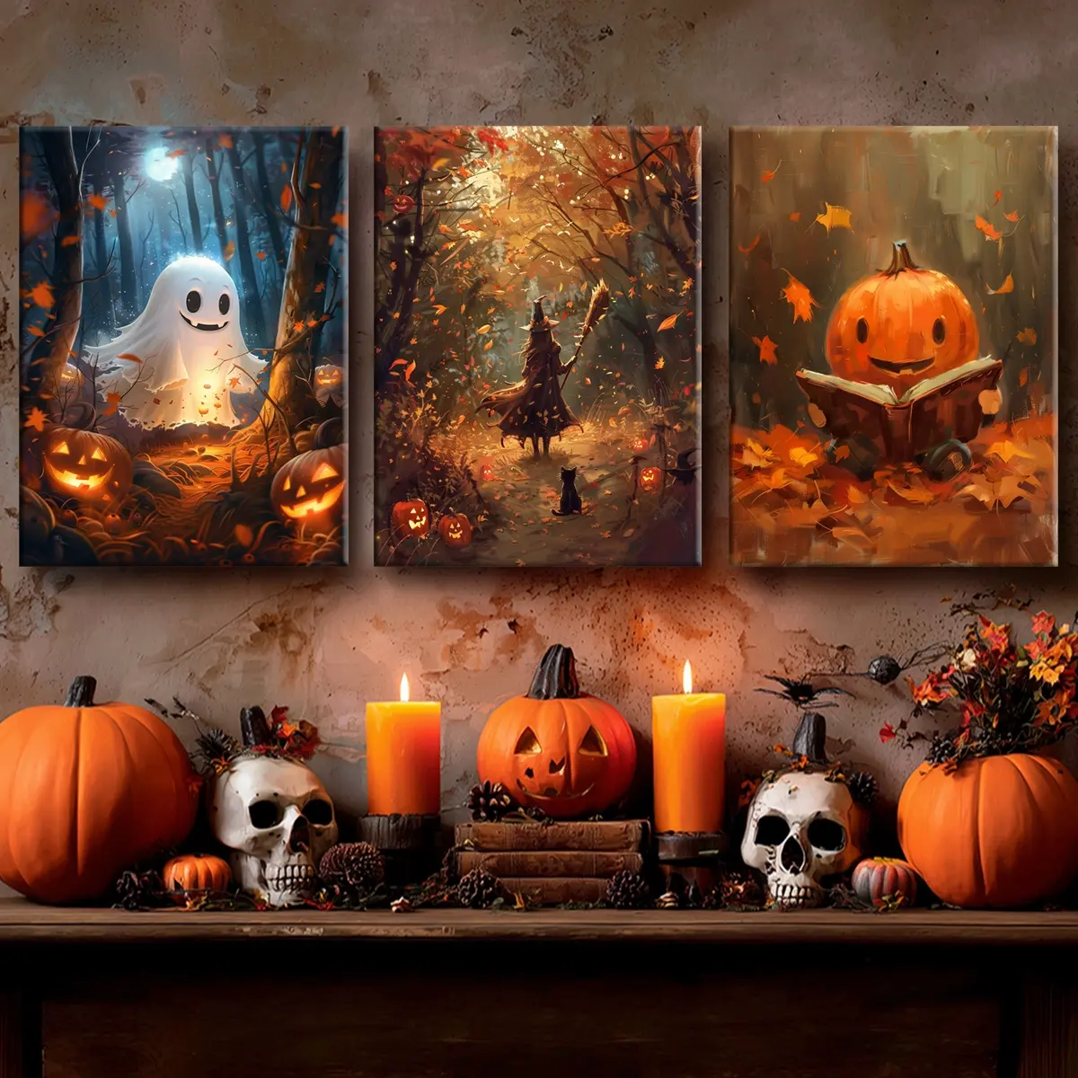 3 Counts Wooden Framed Canvas, Autumn Fantasy Forest Posters, White Ghost, Witch, Halloween Home & Party Decorations, Home Hanging Paintings, Horror Theme, Posters, Exquisite Gifts, Wooden Wall Art, Decorative Wall Art, Artwork, Decoration Items
