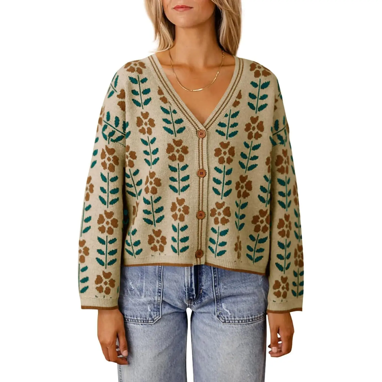 Saodimallsu Women's Casual Floral Print Long Sleeve V-Neck Loose Ribbed Knit Button Down Cardigan - Open Front Sweater for Party, Holiday Occasions