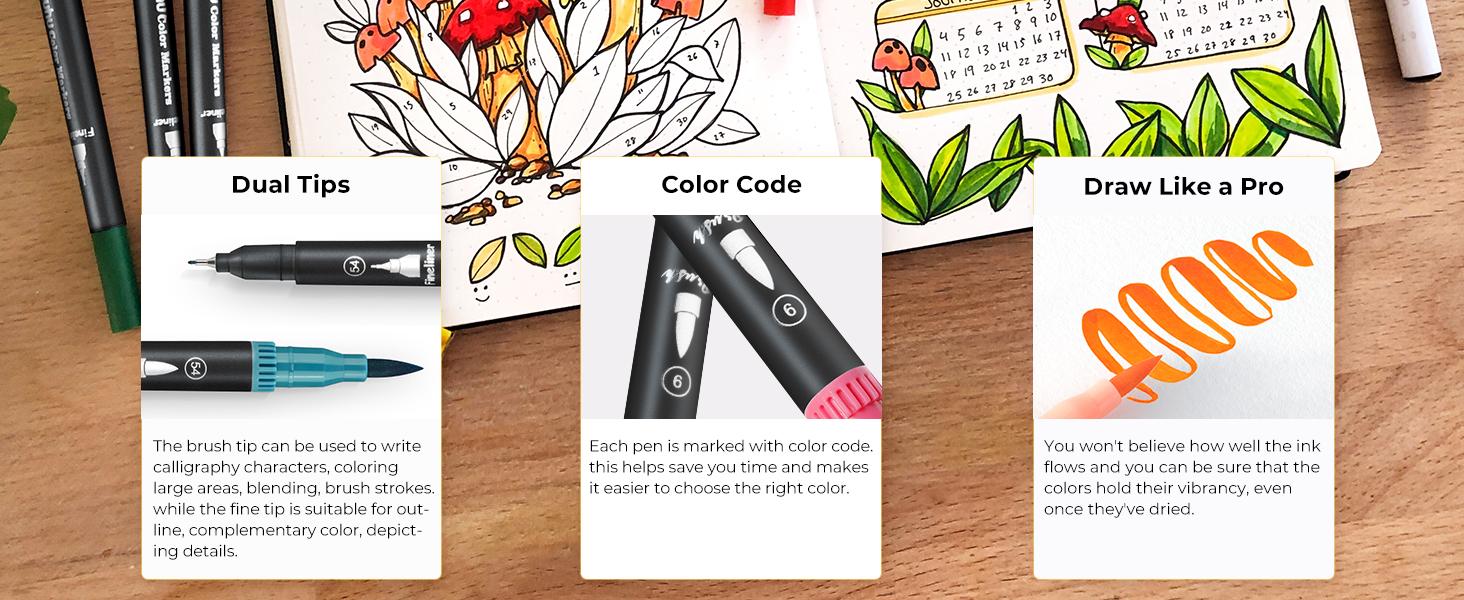 Ohuhu Maui 100-Color Brush Pens Dual Brush Fine Tip Drawing Pens Water-Based Coloring Markers for Calligraphy Bullet Journal with Carrying Case -Maui