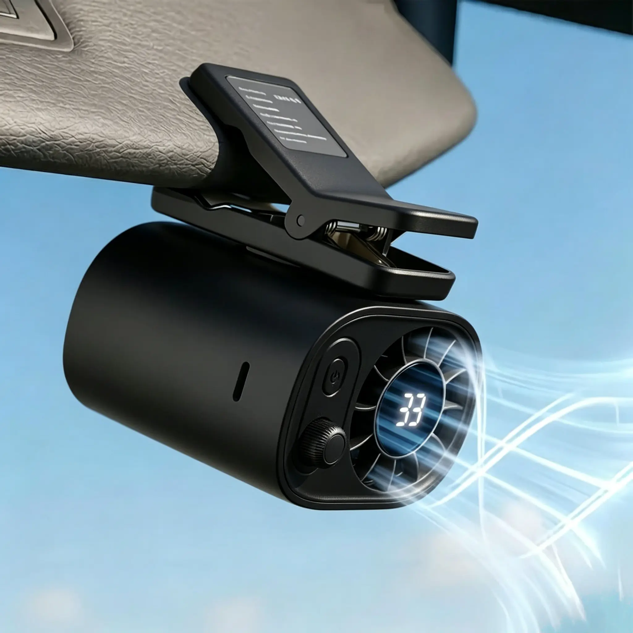 USB Car Personal Fan for Cooling (Clip-On Fan, Clip Umbrella Fan) — 100-Speed USB Rechargeable, 360° Rotation, USB-C LED Display, Portable Dashboard Fan & Desk Fan, Clip-On/Hanging Waist Fan, Up to 4.5H (Battery Included) -001
