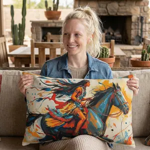 American Native Warrior Horse Outdoor Pillow — Colorful Western Accent Cushion