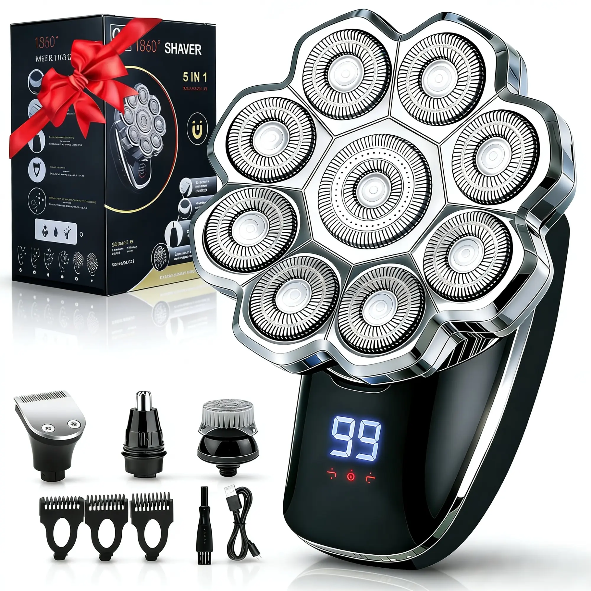 6-in-1 Electric Head Shaver, Waterproof Wet/Dry Grooming Shaver & Accessories, Cordless Rechargeable Bald Head Razor for Home & Travel, Multifunctional Epilator, Multifunctional Hair Shaver