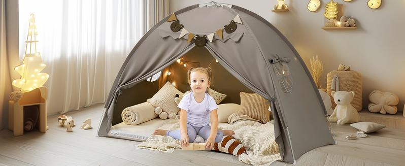 Children's play tent with Stars Light & Flags, Breathable Sleeping Bed Tent, Privacy Space Dream Playhouse for kids Indoor Bedroom Floor Portable Play Tent