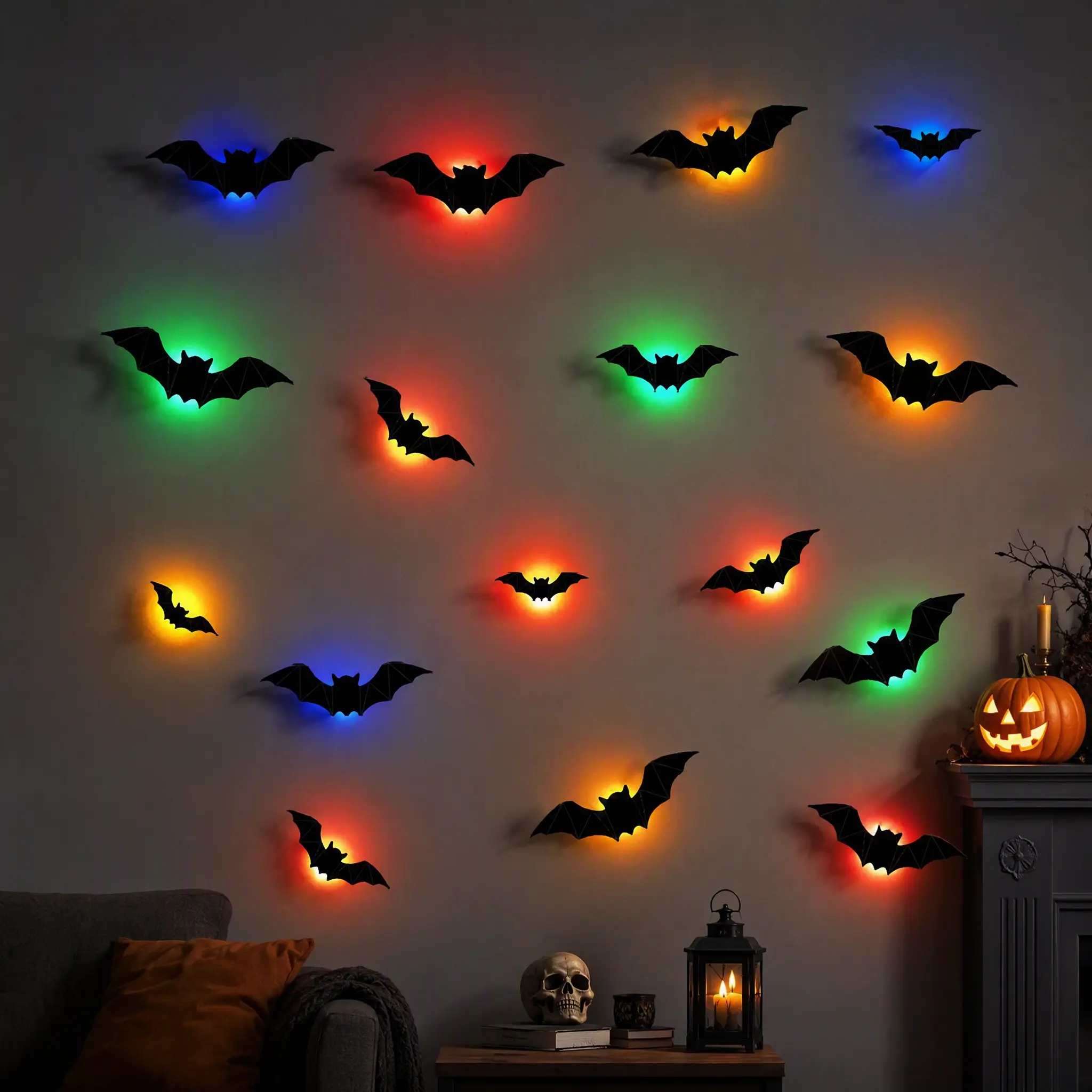 [SummerWins] 12/36/60Pcs 7-Color Changing Bat LED Night Light, Flashing Rainbow Ambient Lamp, Battery Powered Spooky Halloween Decor Light, Wall/Window Decor, Cute Horror Atmosphere Light For Indoor Party Bedroom Holiday Decoration & Festive Ornaments