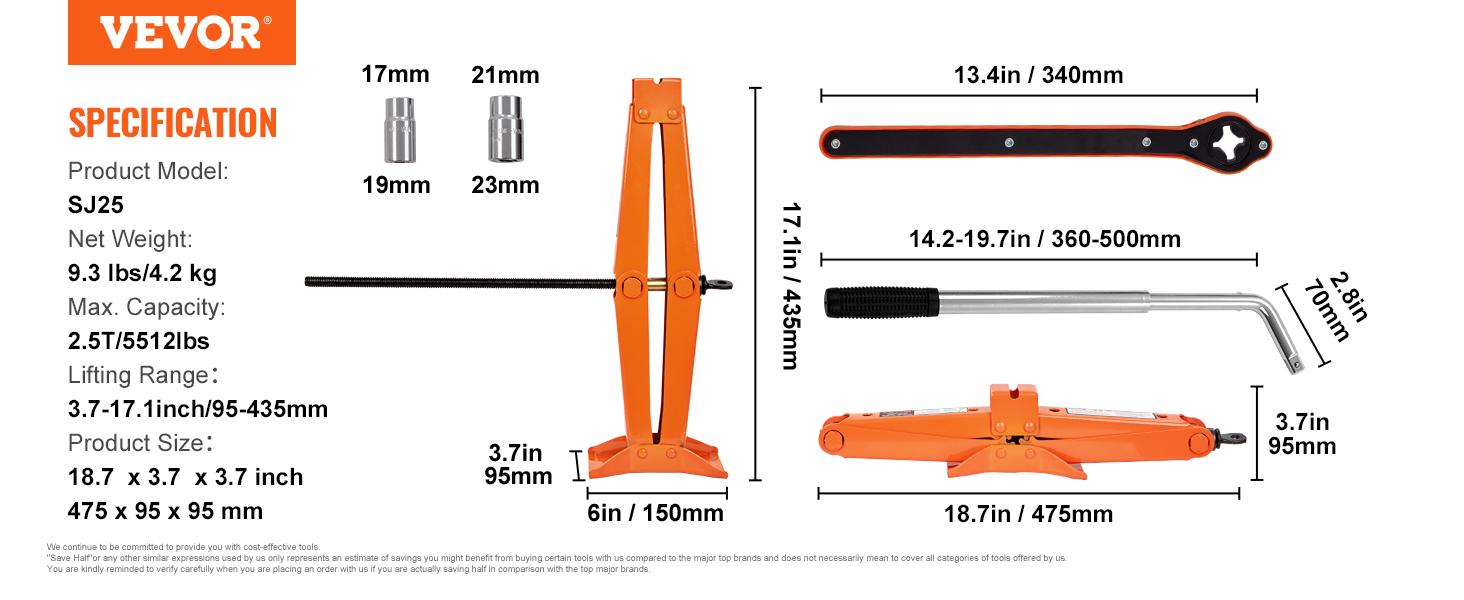 VEVOR Scissor Jack,  2.5 Ton/5512 lbs Scissor Car Jack, 3.7"-17.1" Lifting Range Scissor Lift Jack with Ratcheting Handle and L-Wrench, Portable Tire Jack for Cars Trucks Sedans MPVs