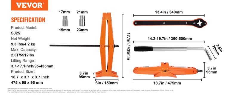 VEVOR Scissor Jack,  2.5 Ton/5512 lbs Scissor Car Jack, 3.7"-17.1" Lifting Range Scissor Lift Jack with Ratcheting Handle and L-Wrench, Portable Tire Jack for Cars Trucks Sedans MPVs