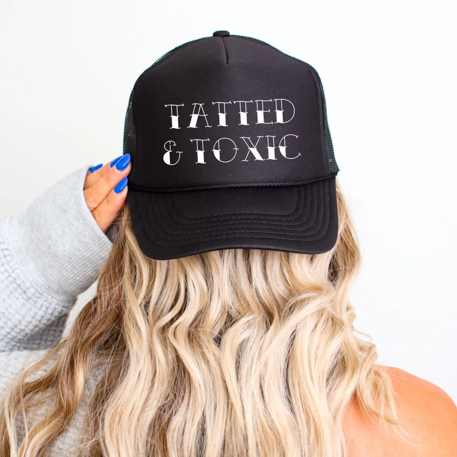 tatted & toxic, trucker hat for women, Womens trucker hat, snap back hats, funny hat, tattoo saying, tattoo hat, toxic hat trendy summer