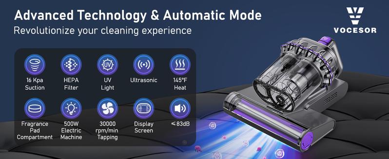 V VOCESOR Mattress Vacuum Cleaner for Removing Dust Mites, Smart Bed Vacuum with UV-C Light&Hot Air Drying&Aromatherapy&LED Display, 16Kpa Strong Suction&HEPA Filtration, Deep Cleaning Machine for Bed Sofa Couch, Perfect Gift