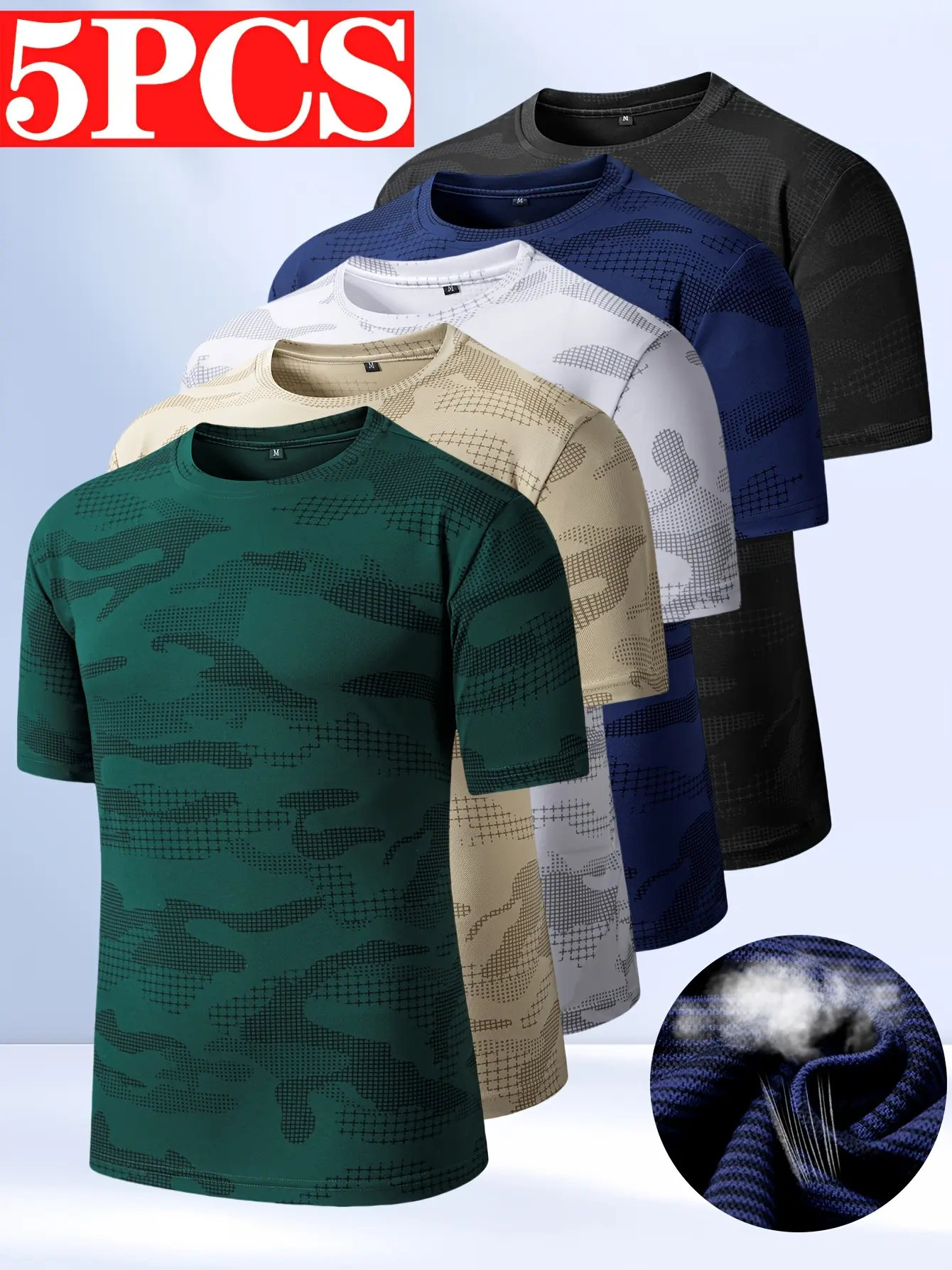Pack of 5 – Men’s casual athletic T-shirts; summer breathable, high-stretch sports fitness tees; camouflage quick-dry printed men’s running training tops; suitable for training, gym workouts, running, outdoor activities, and casual wear; great as a gift