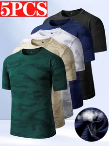Pack of 5 – Men’s casual athletic T-shirts; summer breathable, high-stretch sports fitness tees; camouflage quick-dry printed men’s running training tops; suitable for training, gym workouts, running, outdoor activities, and casual wear; great as a gift