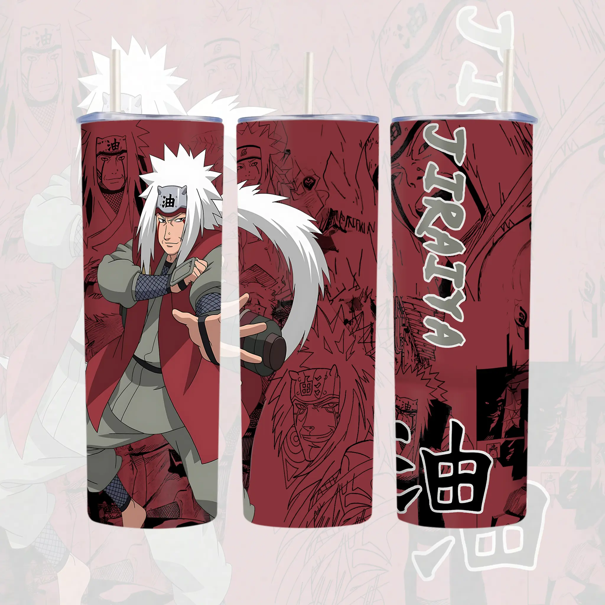 20oz Anime Theme Jiraiya Naruto Printed Stainless Steel Travel Mug - Manga Print Straight Cup with Lid, Handle & Straw, Sports Water Bottle Gift for Anime Fans, 20Oz Straight Cup