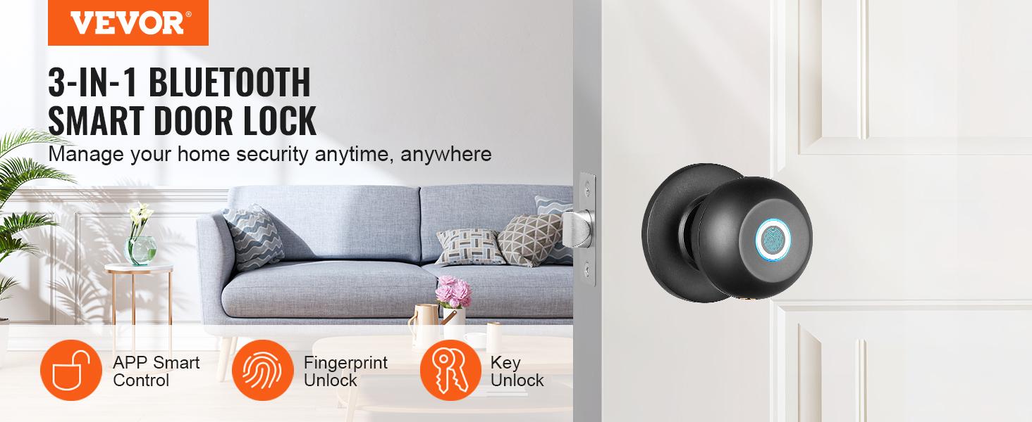 VEVOR Smart Door Knob, TikTokShopBlackFriday, Biometric Door Lock Bluetooth Smart Lock, Fingerprint Smart Lock with APP Control, Easy Installation Door Lock, for Home Bedrooms, Cloakroom, Hotels, Apartments Offices