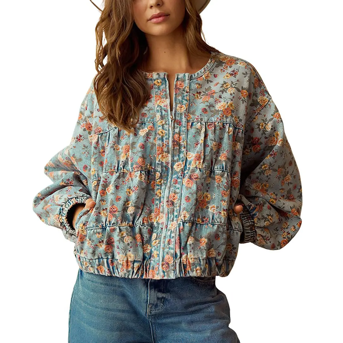 Chouyatou Women's Spring & Autumn Floral Denim Jacket Y2K Casual Loose Short Coat with Pockets,back to school,back to school shopping