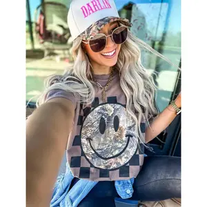 Comfort Color Camo Checkered Smiley Tee, Graphic Crewneck Shirt, cowgirl outfits, western clothing, western tops outfits women, country concert outfits clothing, rodeo outfit women shirts
