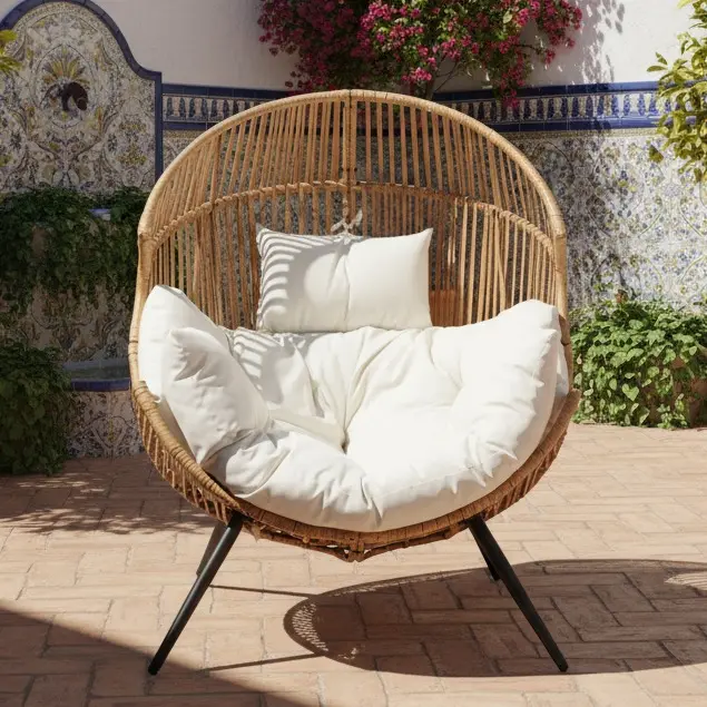 Walsunny Outdoor & IndoorWicker Egg Chair, 450Lbs Rocking Chair Load Capacity Open Wicker Rattan Patio Chair, Oversized Lounger Chair with Cushion Basket for Bedroom, Balcony, Backyard