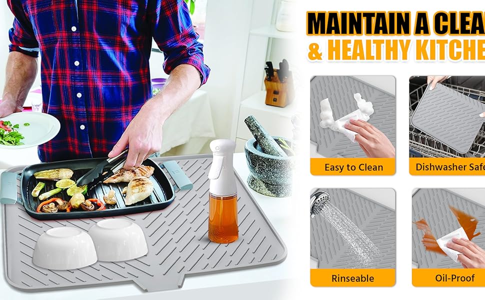 Silicone Large Size Dish Drying Mat with Built-in Drain Lip Dish Drainer Mats for Kitchen Counter Easy-Clean High Temperature Resistance Coaster, Perfect Gift for Valentine's Day Father's Day Mother's Day Anniversary Birthday