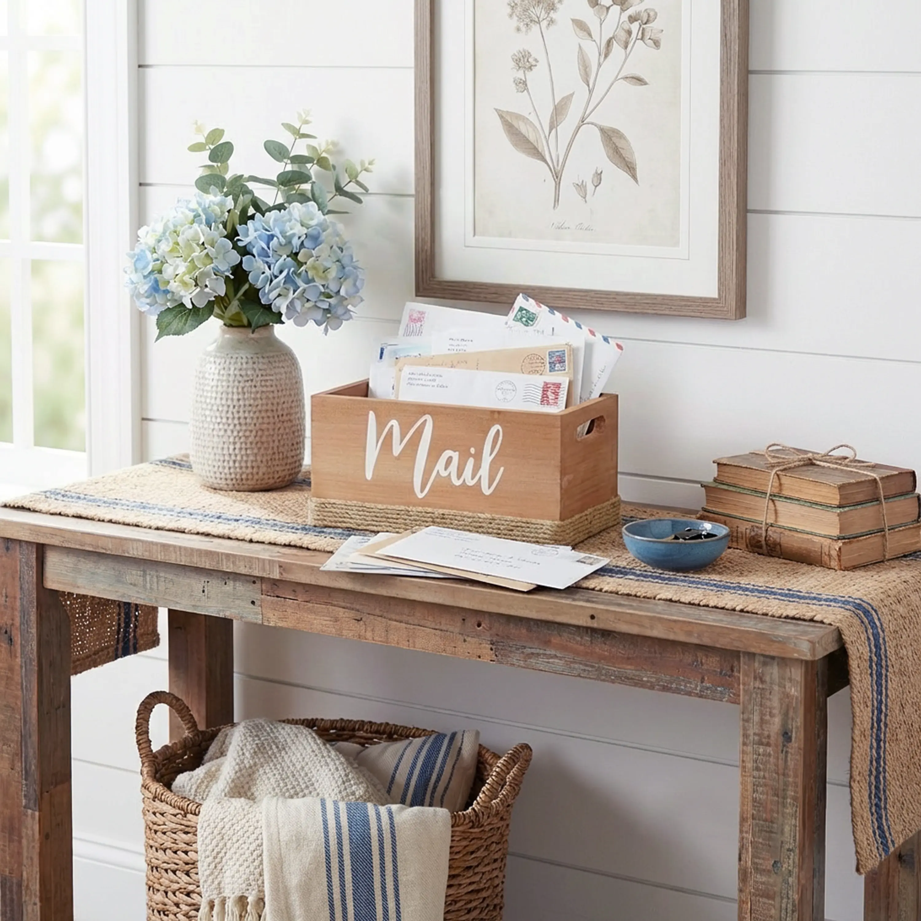 Anders Mail Box w Jute Base Finish, Wood & White, 11.75"L