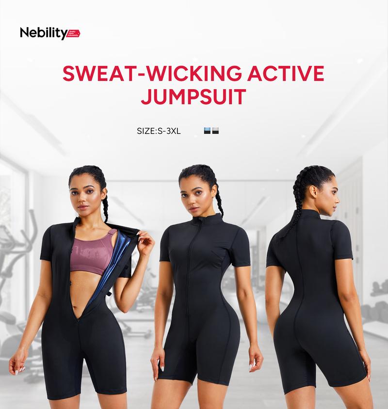 Nebility Women's Coated Athletic Zipper Workout Sweat Sauna Jumpsuit Stylish Activewear Workout Apparel Sporty Comfy Jumpsuit Tummy Control Jumpsuit Sauna Sports Jumpsuit Sports Outfits Stylish Activewear