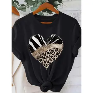 Plus Size Women's T-Shirt - Zebra & Leopard Animal Print Heart Design, Casual Round Neck Short Sleeve Top, Machine Washable All-Season Comfort Fit, Ladies T Shirts, Trendy Sweatshirt, Soft Fabric