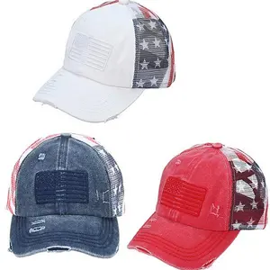 C.C American Flag Ponytail Baseball Cap – Distressed Trucker Hat for Women, Criss Cross Pony Cap with Mesh Back, Patriotic Adjustable Summer Hat