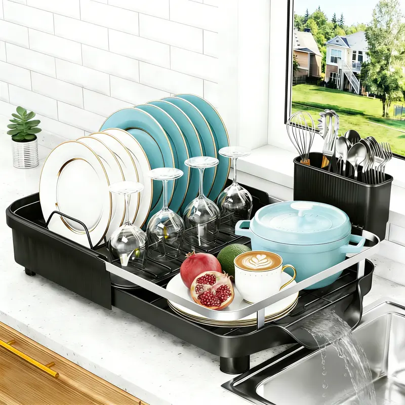 7CODE Multifunctional Expandable Over-Sink Dish Drying Rack - Space-Saving Over-Sink Type Organiser with Adjustable Draining Boards, Automatic Drainage, Storage for Plates, Bowls, Cups, Utensils for Everyday Use