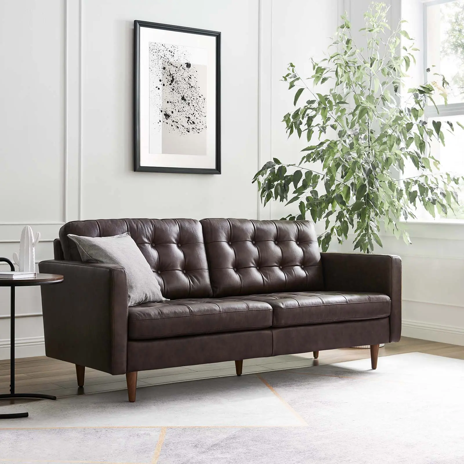 Modway Exalt Midcentury Modern Tufted Upholstered Sofa - Brown Leather, Foam Padding, Spring Support, Durable Indoor Furniture