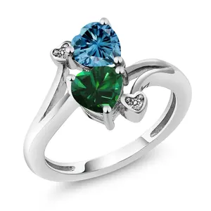 10K White Gold Diamond Accent Ring Heart Shape Persian Blue Moissanite and Nano Emerald Green (1.53 Cttw)