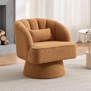 Brown Modern Swivel Vanity Chair with Pillow, Mid-Back Teddy Barrel Accent Chair 360° Upholstered Armchair Makeup Vanity Chair with Arm Support for Living Room Bedroom Reading Nook