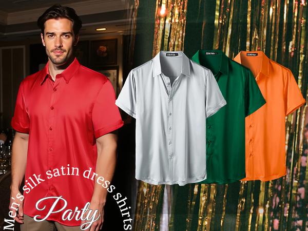 ZEROYAA Men's Hipster Shiny Silk Satin Shirt Regular Fit Short Sleeve Casual Button Down Dress Shirts for Summer Party