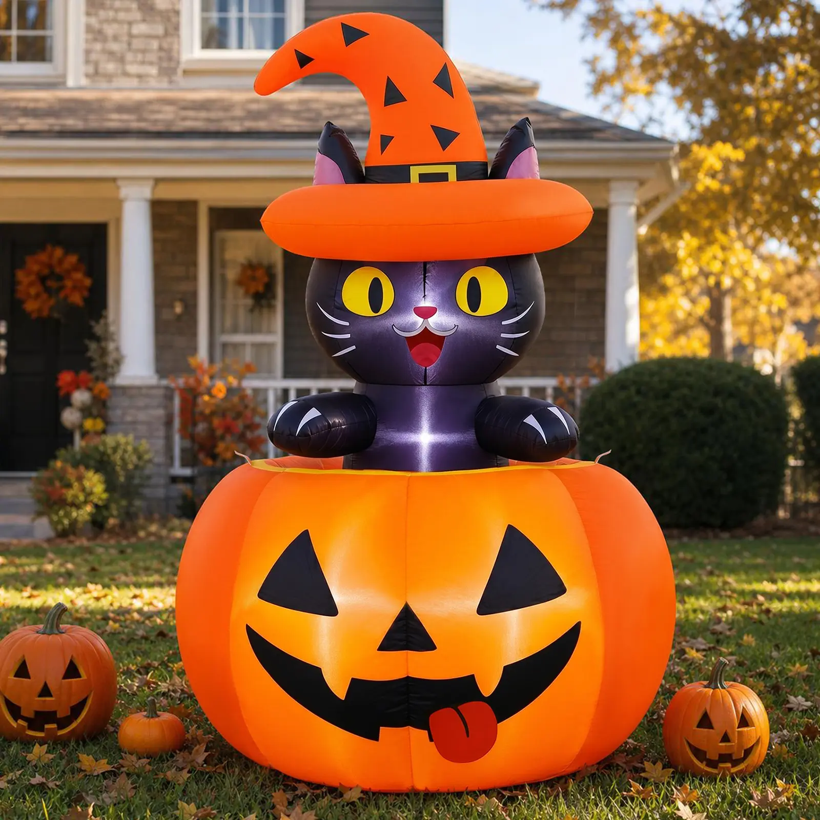 SHareconn 5FT Spooky Blow Up Halloween Inflatable Cat with LED Lights, Orange Geometric Print Design, Includes Tie Tool - Indoor Party Decoration Supplies, Garden Lawn Decor