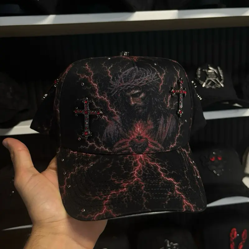 Jesus VM Hats black red rhinestone SnapBack