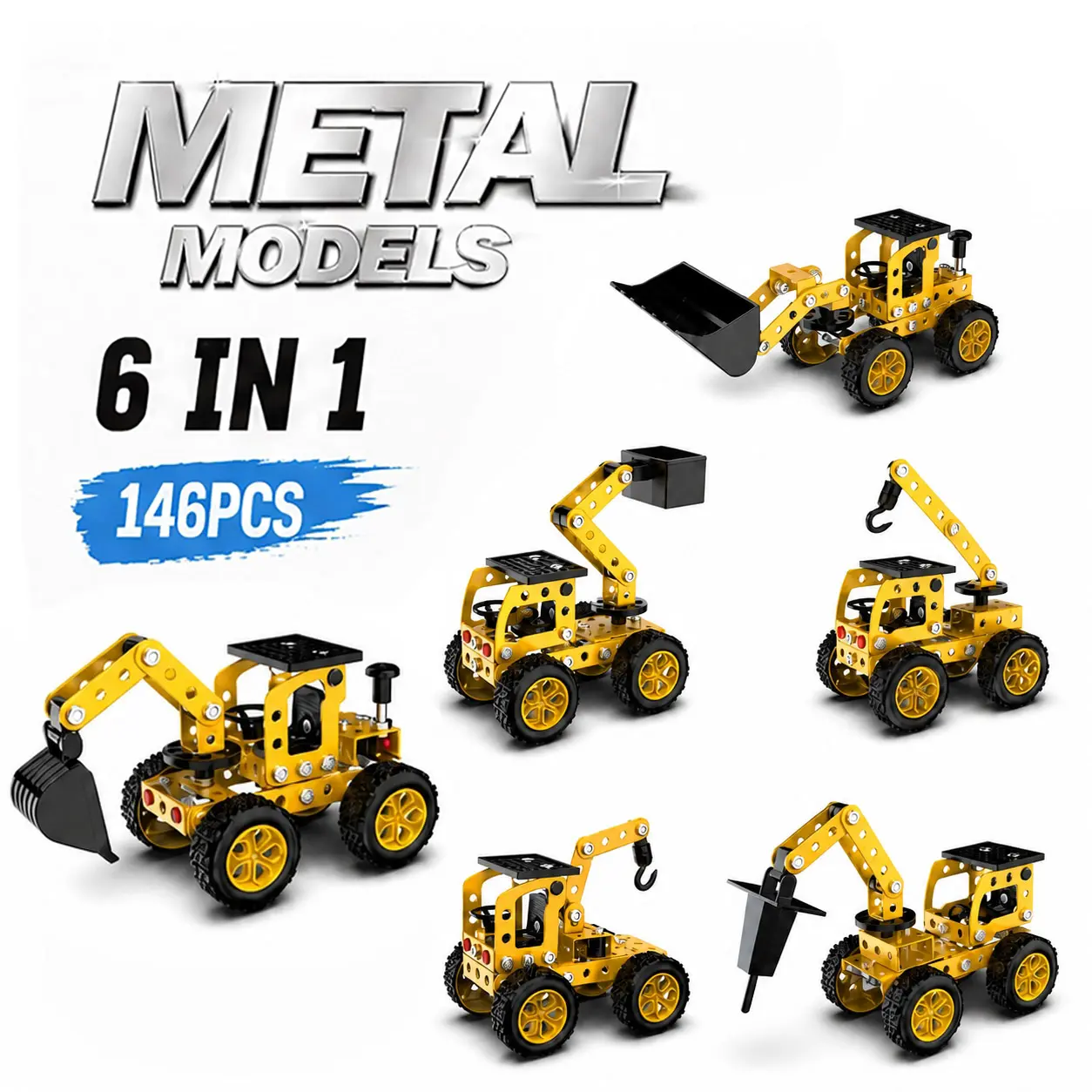 146 Pcs 6-in-1 DIY Metal Construction Toy Set - Bulldozer & Excavator Building Kits for Family Project & Adult Stress Relief - Boosts Focus, Independent Thinking, Curiosity & Confidence - Ideal Gift for Daily Rewards, children fun Birthdays & Holidays, Op