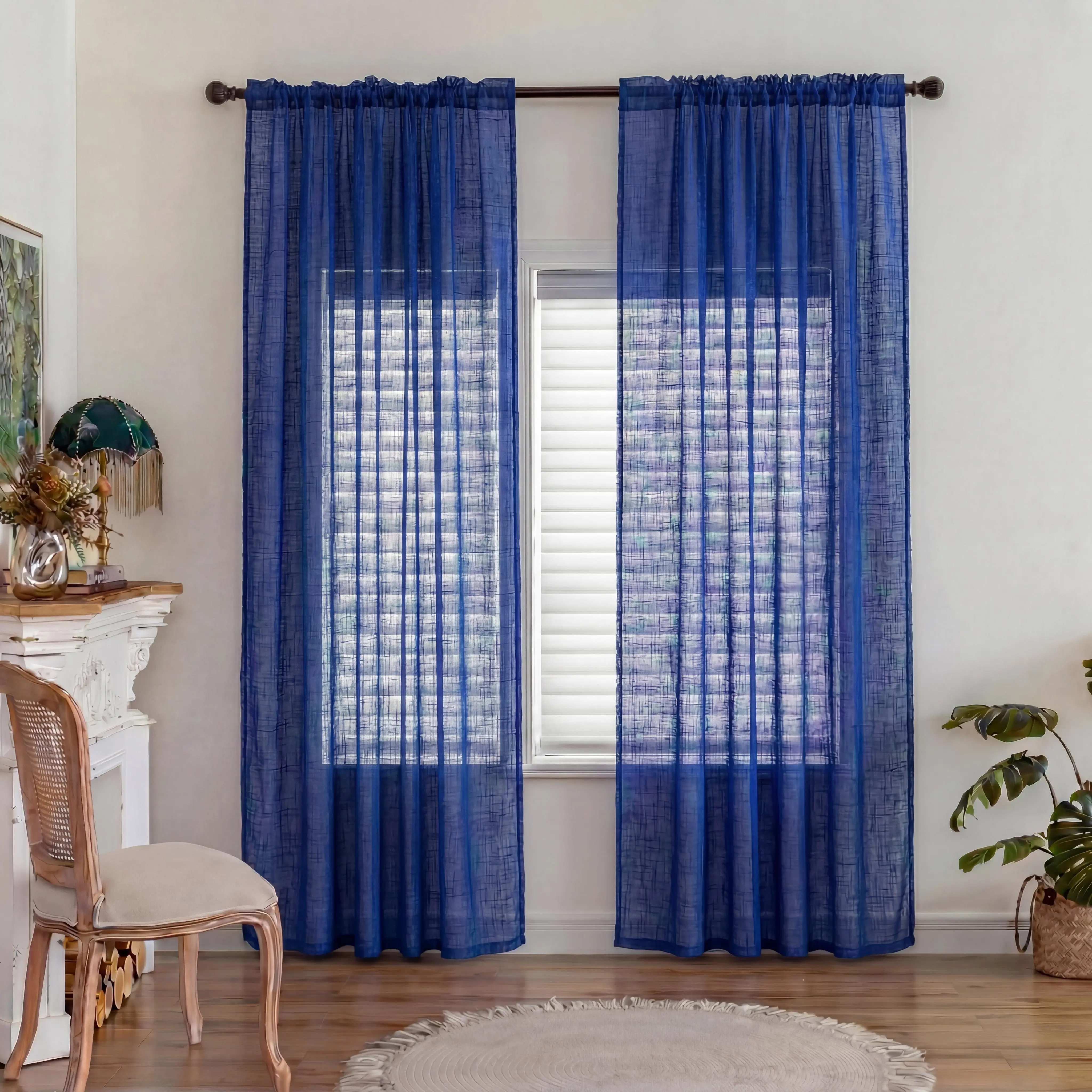 2-Panel 54"x84" Polyester Linen-Look Grid Chenille Jacquard Sheer Curtains, Rod Pocket Wrinkle-Resistant Light Filtering Indoor Window Drapes for Farmhouse Bedroom Decor, Minimalist Living Room L39