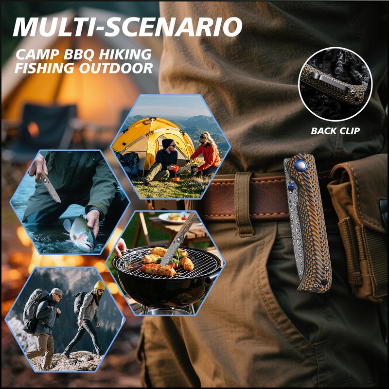 A two-tone G10 Winged Dart folding knife featuring a large Damascus-forged blade—sharp for cutting, portable and durable—ideal for outdoor camping, barbecues, and fishing; collectible grade, an ideal choice for outdoor enthusiasts and as a holiday gift.