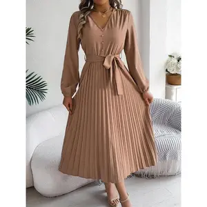 Women's Plain Pleated Belted Button A Line Dress, Casual Bishop Sleeve V Neck Long Dress for Spring & Fall, Women's Clothing for Daily WearGift