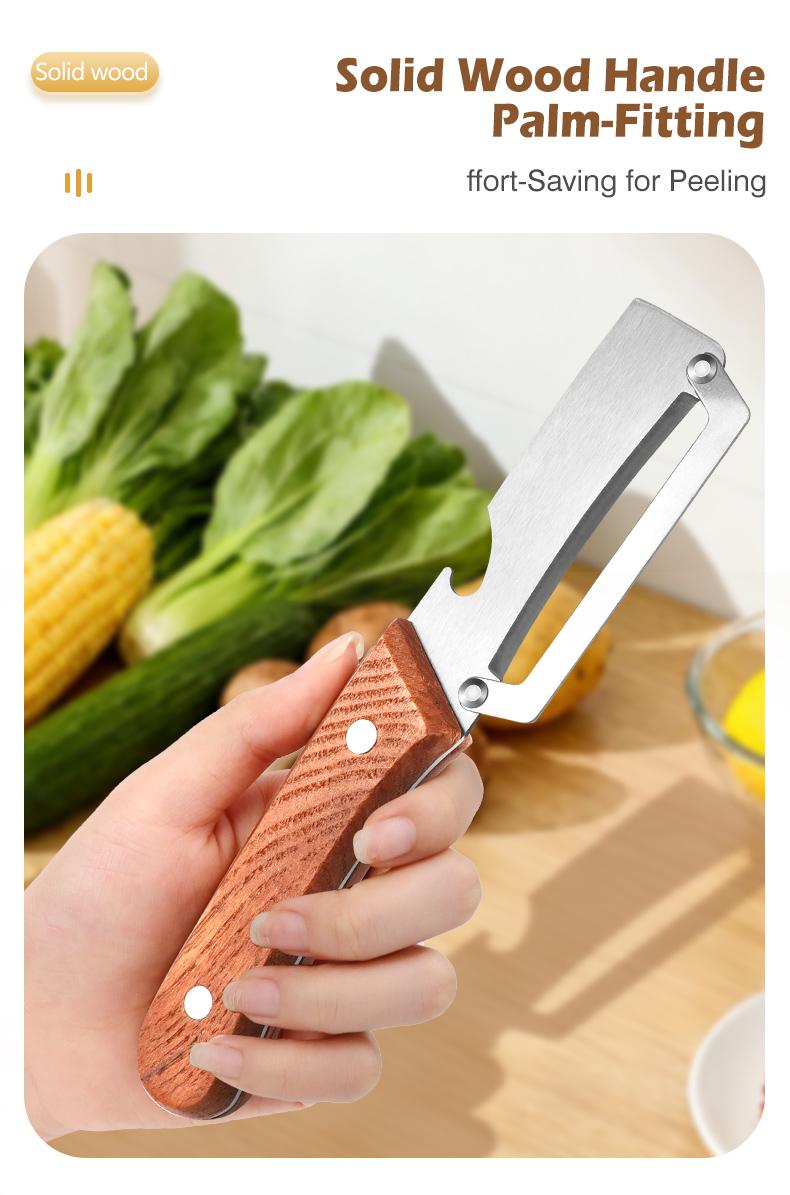 Wooden-Handled Stainless Steel Sharp Peeler with Built-In Bottle Opener for Fruits & Vegetables Ergonomic Non-Slip Handle Long-Lasting Construction Essential Kitchen Tool