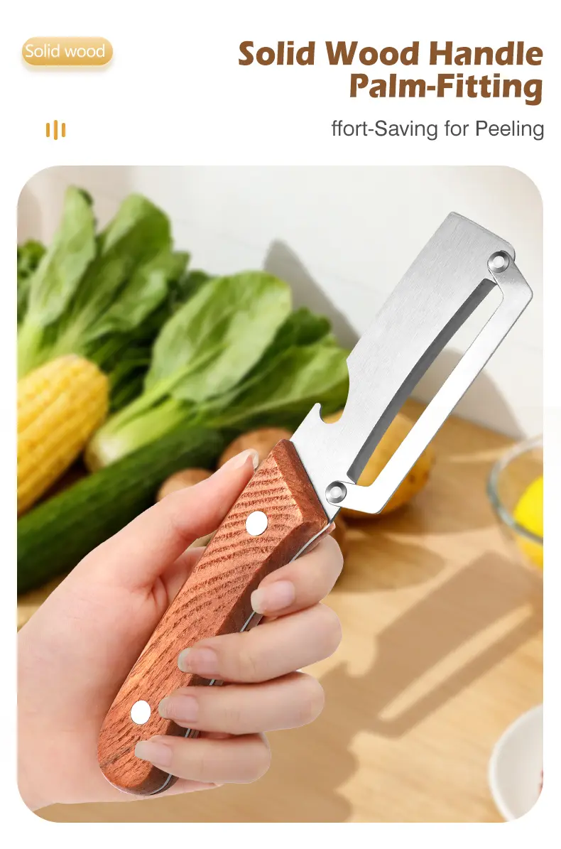 Stainless Steel Sharp Peeler with Wooden Non-Slip Ergonomic Handle, Built-In Bottle Opener, Long-Lasting Construction for Fruits & Vegetables, Essential Kitchen Tool