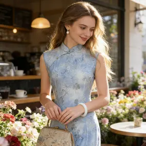 Blue Mist Elegance 3D Printed Stretch Qipao Modern Chinese Slim Fit Dress