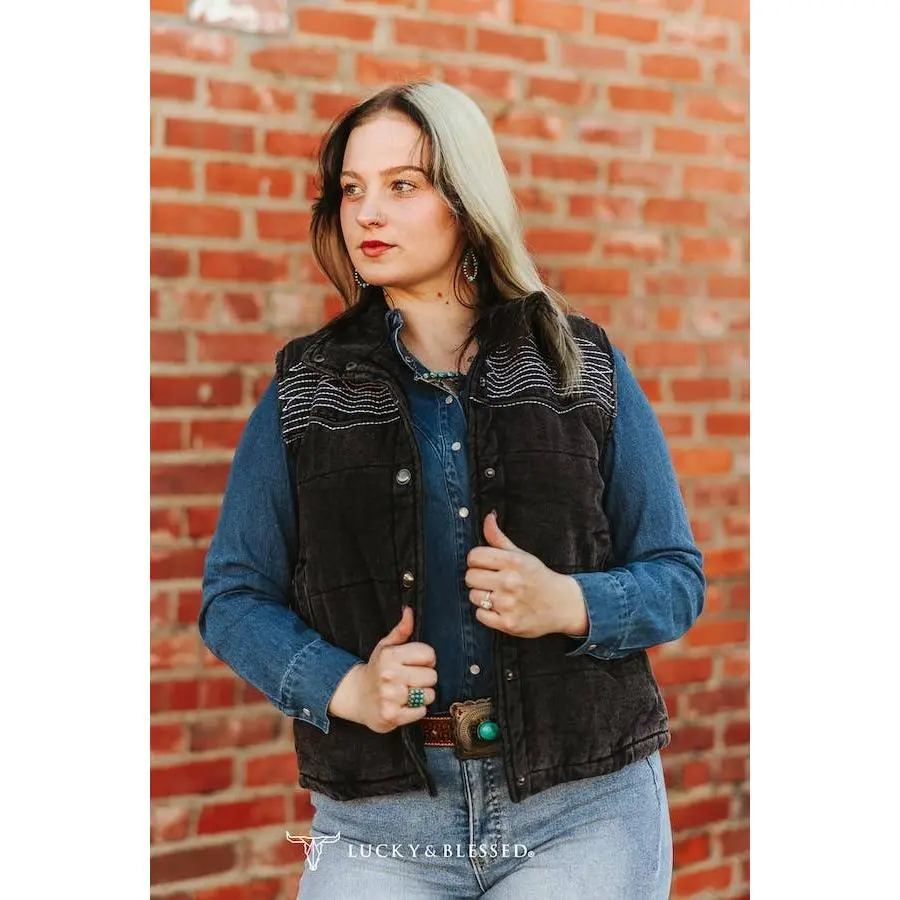 Black Denim Puffer Studded Embroidered Vest
