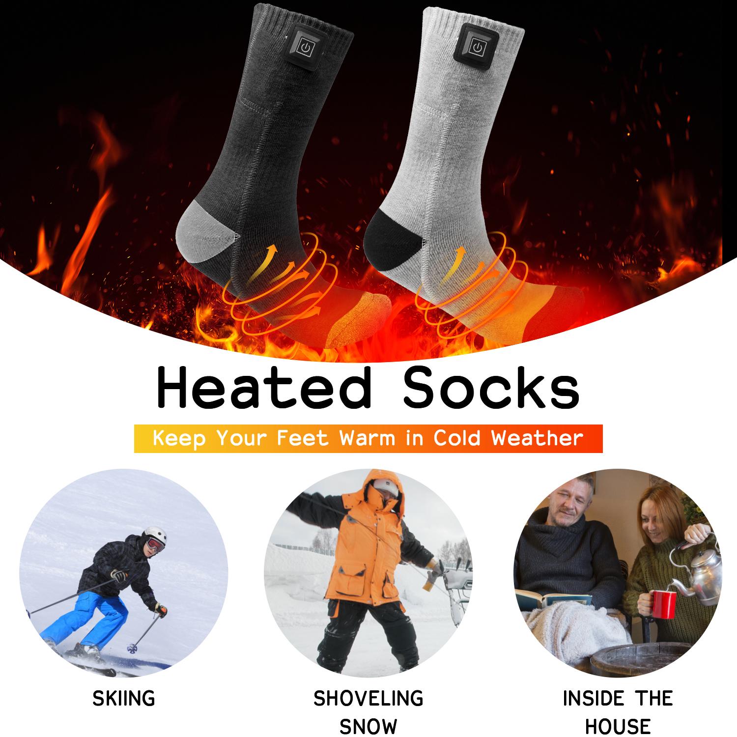 1 Pair Rechargeable Thermal Heated Socks with 3 Heat Settings, 2pcs 4000mAh Batteries, Soft Nylon, Washable for Winter Camping, Skiing, Hiking